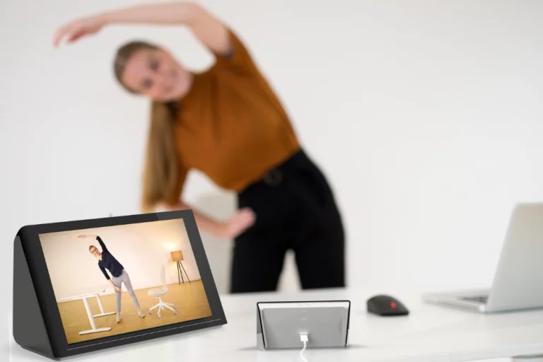 Minimal desk area prepared for a movement break
